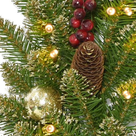 9'x 10" Pre-lit Glittery Gold Dunhill® Fir Artificial Christmas Garland w/ Red Berries, Gold Edged Cones, Gold Ornaments & Warm White Battery Operated LED Lights w/Timer